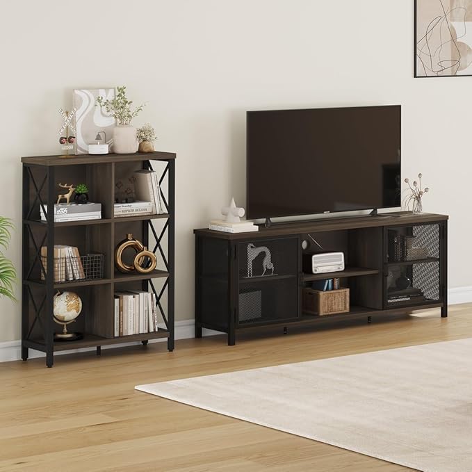 FATORRI Industrial Entertainment Center for TVs up to 55 60 65 Inch, Rustic Wood TV Stand, Large TV Console Cabinet with Doors for Living Room (60 Inch Wide, Walnut Brown)