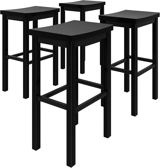 Grain & Grove Smith Collection Set of 4 Solid Wood Bar Stools, 30 inch Saddle-Seat Bar Chairs, Backless, Heavy-Duty Construction, Footrest Support, for Kitchen Islands, Home Bars, and Counters, Black