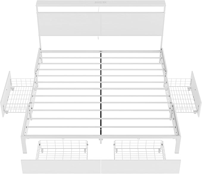 King Bed Frame with 4 Storage Drawers Bed Frame King Size with Headboard LED Lights Charging Station Metal Slats Platform Heavy-Duty Support No Box Spring Needed White