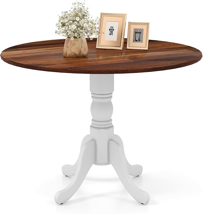 COSTWAY Round Dining Table for 4, 39 inch Kitchen Table with Solid Rubber Wood Frame, Adjustable Foot Pads, Curved Trestle Legs, Mid Century Rustic Dinning Table for Living Room (Walnut+White)