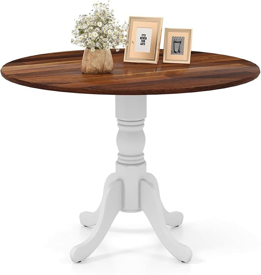 COSTWAY Round Dining Table for 4, 39 inch Kitchen Table with Solid Rubber Wood Frame, Adjustable Foot Pads, Curved Trestle Legs, Mid Century Rustic Dinning Table for Living Room (Walnut+White)