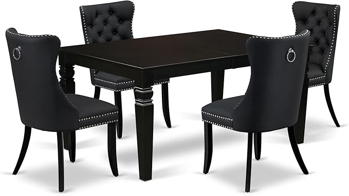 East West Furniture LGDA5-BLK-12 5 Piece Dining Set Includes a Rectangle Wooden Table with Butterfly Leaf and 4 Polyester Fabric Parson Chairs, 42x84 Inch, Black
