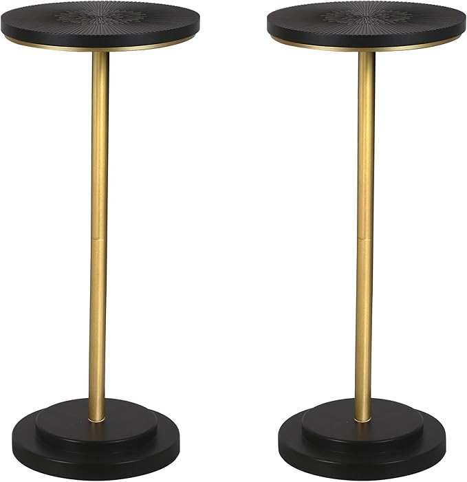 Drink Table Set of 2, Small Round Pedestal Side Table with Carved Top for Living Room, Bedroom, Small Space, Corners and Office, Gold and Black