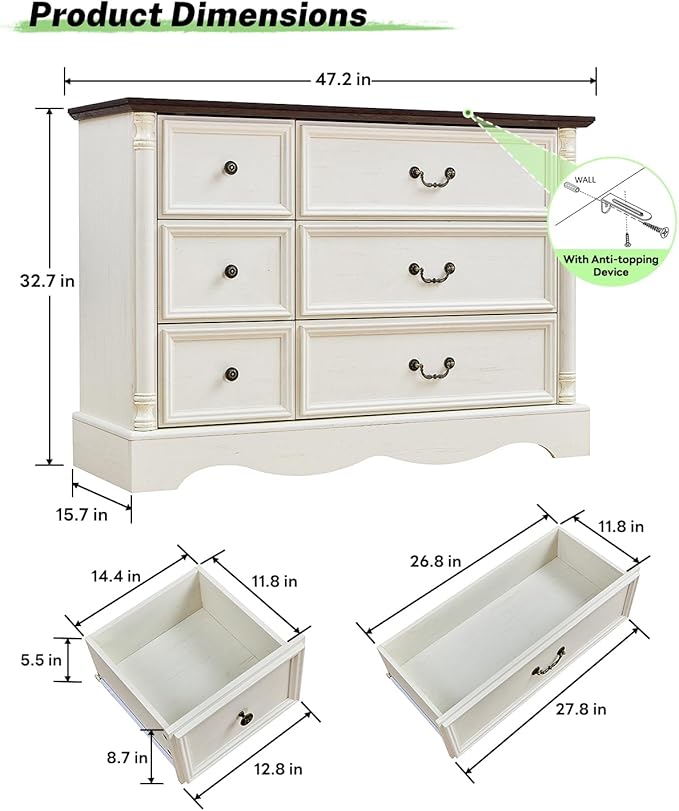 Farmhouse 6 Drawers Dresser for Bedroom with Charging Station, Wood Country Rustic Storage Dressers Organizer, Vintage Design Chest of Drawers for Bedroom, Living Room