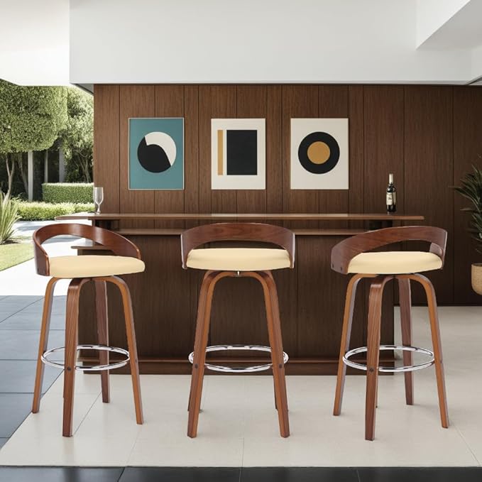 Armen Living Sonia 30" Bar Height Swivel Cream Faux Leather and Walnut Wood Bar Stool - Set of 2