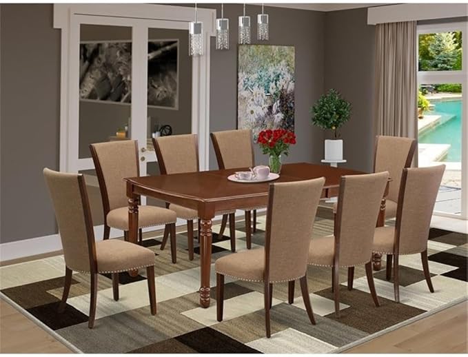 East West Furniture DOVE9-MAH-47 9 Piece Dining Set Includes a Rectangle Dining Room Table with Butterfly Leaf and 8 Light Sable Linen Fabric Upholstered Chairs, 42x78 Inch, Mahogany