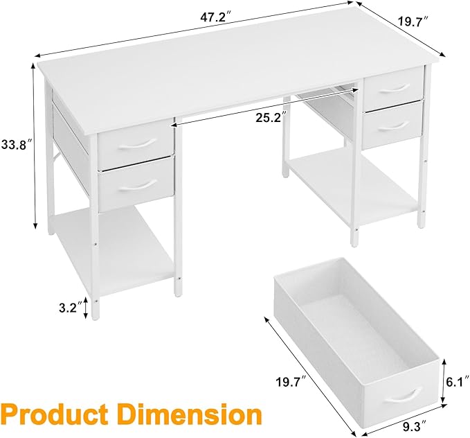 Computer Desk with 4 Drawers, 47 Inch Office Table with Storage, Gaming with CPU Shelves, Writing Desk Workstation for Home Office, Study, Bedroom, Work from Home, White