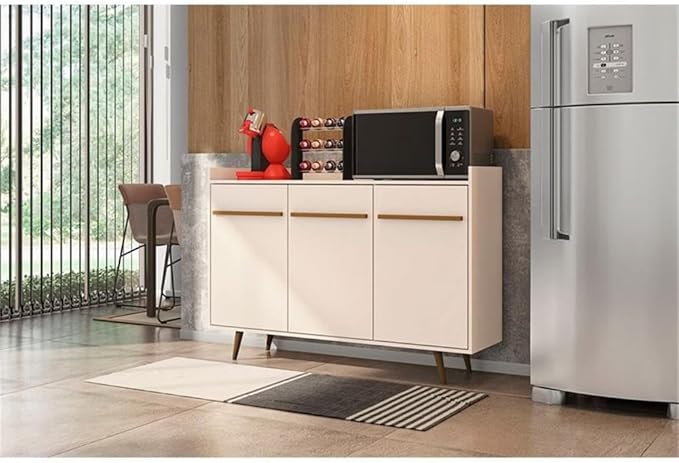 Manhattan Comfort Bradley Buffet Cabinet with Storage, Mid Century Modern Sideboard with 4 Shelves and Soft Close Doors, TV Stand Media Console for up to 50" Screens, 53.54" Long, Off White