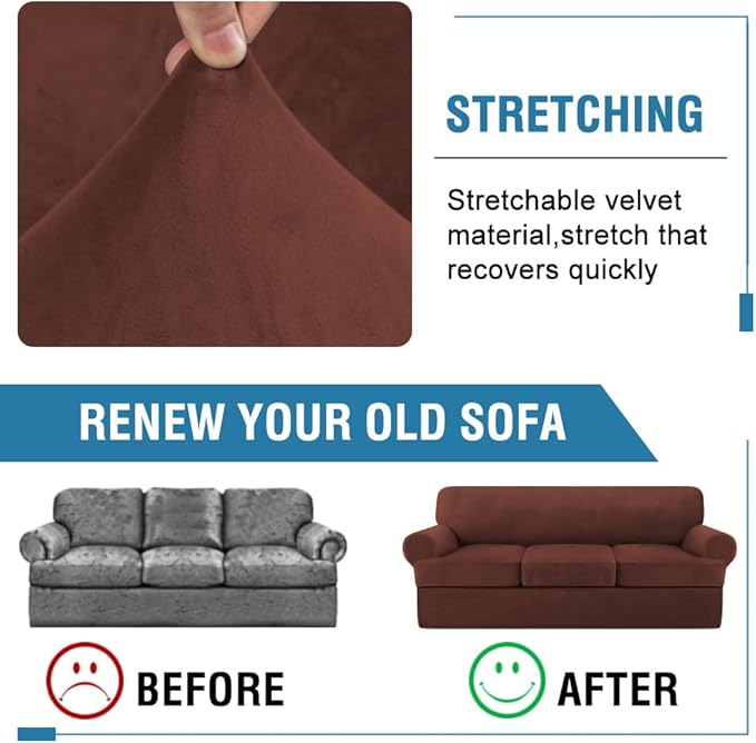 H.VERSAILTEX Sofa Cover 4 Piece T Cushion Sofa Slipcovers Thick Velvet Couch Cover Stretch T Cushion Sofa Covers for 3 Cushion Couch with 3 Individual T Cushion Covers, Burnt Brick