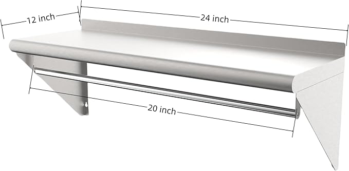 12''x24'' Wall Mounted Stainless Steel Shelf with Suspension Rod, NSF Commercial Metal Wall Mounted Floating Shelf for Kitchens, Restaurants, Food Trucks, Garages, Homes and Hotels