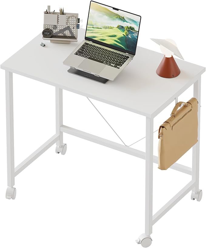 Rolling Computer Desk with Wheels, Gaming Desk for Small Spaces, Modern Simple Style Table for Home Office, Study Writing Table (Caster, White, 24 inch)