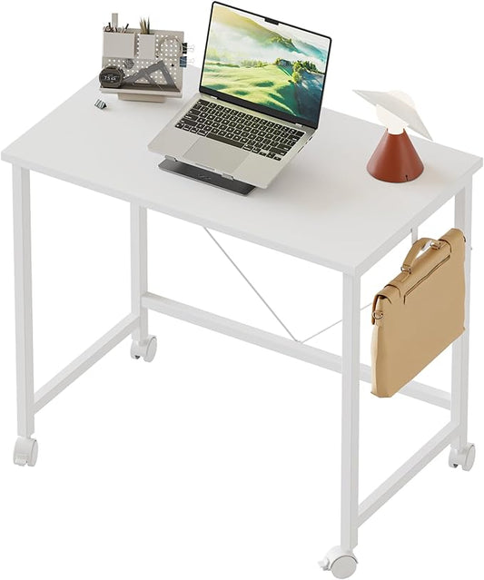 Rolling Computer Desk with Wheels, Gaming Desk for Small Spaces, Modern Simple Style Table for Home Office, Study Writing Table (Caster, White, 24 inch)