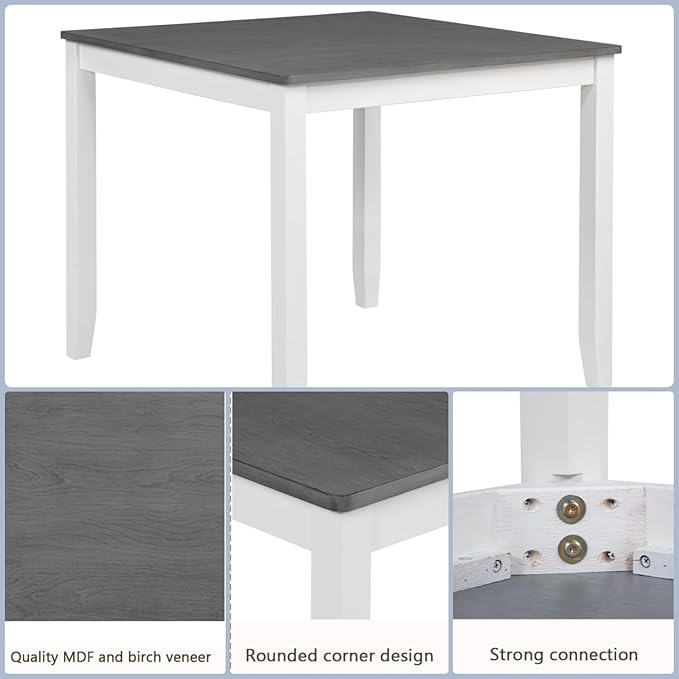 Dining Table Set for 4, 5-Piece Kitchen Table & Chairs Set with Square Table & 4 Fabric Upholstered Chairs, 34.5'' Dinner Set with X-Shaped Backrest & Non-Slip Feet for Kitchen, White&Gray