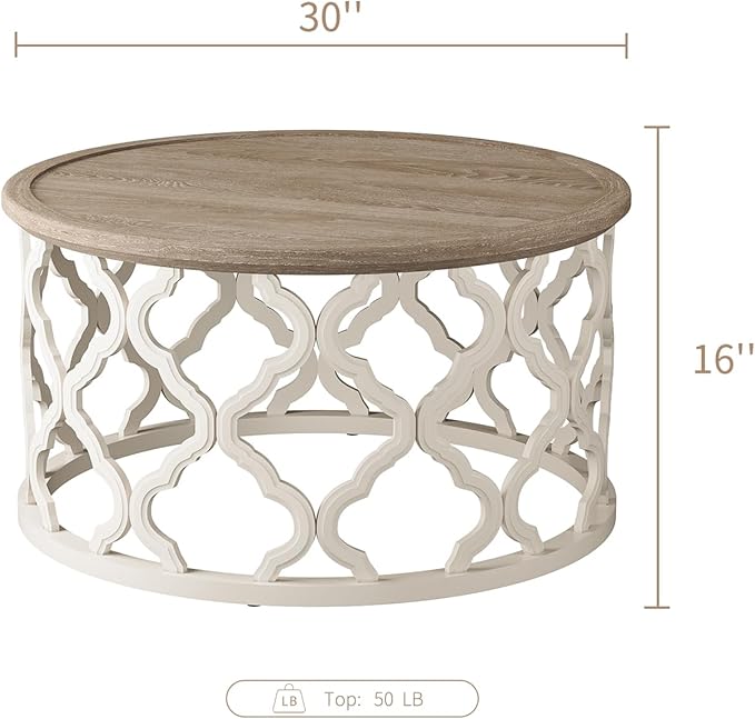 karlott Farmhouse Coffee Table, French Country Round Coffee Table with Distressed Tray Top, Coastal Coffee Table with Curved Motif Frame Base, Boho Coffee Table for Living Room, Dining Room, Bedroom