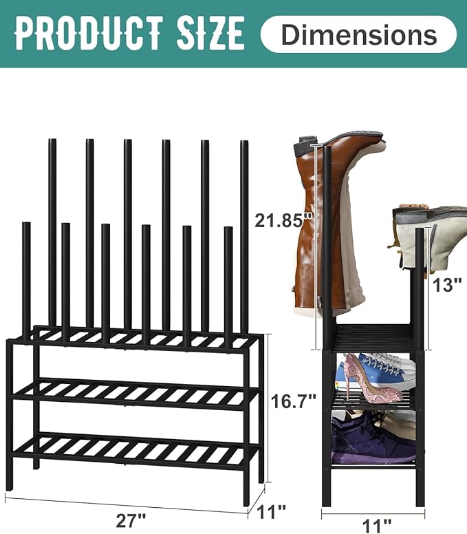Black Boot Rack, Boot Rack Organizer Tall Boots with Shoe Rack for Closet, Bamboo Wood Shoe Shelf Storage Organizer for Entryway Small Space