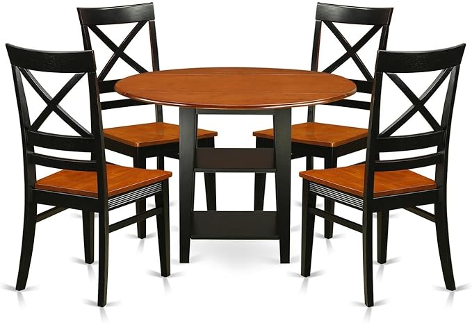 East West Furniture SUQU5-BCH-W 5 Piece Modern Dining Table Set Includes a Round Wooden Table with Dropleaf & Shelves and 4 Kitchen Dining Chairs, 42x42 Inch, Black & Cherry