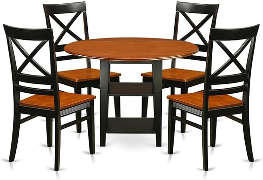 East West Furniture SUQU5-BCH-W 5 Piece Modern Dining Table Set Includes a Round Wooden Table with Dropleaf & Shelves and 4 Kitchen Dining Chairs, 42x42 Inch, Black & Cherry