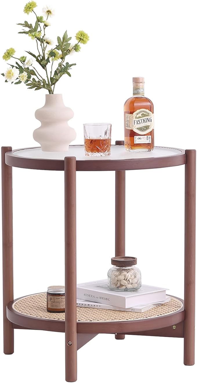 Tiita Rattan Coffee Table, Round End Table, 2-Tier Modern Side Table, Small Bamboo Living Room Side Table, Glass Sofa End Table for Balcony and Office Outdoor/Indoor (Walnut)
