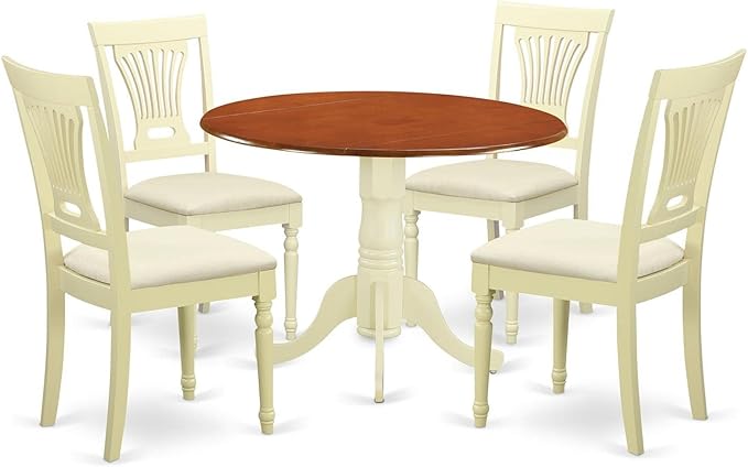 East West Furniture DLPL5-BMK-C 5 Piece Dinette Set for 4 Includes a Round Dining Table with Dropleaf and 4 Linen Fabric Dining Room Chairs, 42x42 Inch, Buttermilk & Cherry