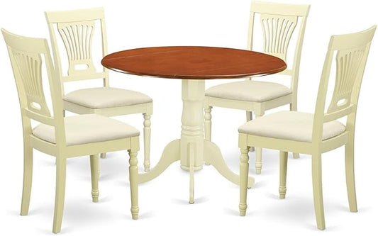 East West Furniture DLPL5-BMK-C 5 Piece Dinette Set for 4 Includes a Round Dining Table with Dropleaf and 4 Linen Fabric Dining Room Chairs, 42x42 Inch, Buttermilk & Cherry