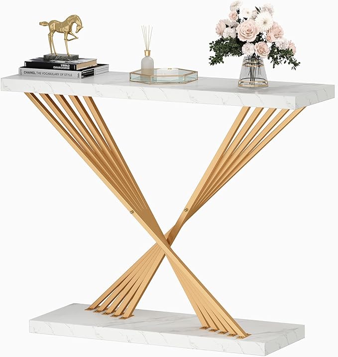 39.4 Inch Gold Console Table, White Faux Marble Modern Entryway Table Sofa Tables Behind The Couch for Entrance Hallway Living Room, X-Shape