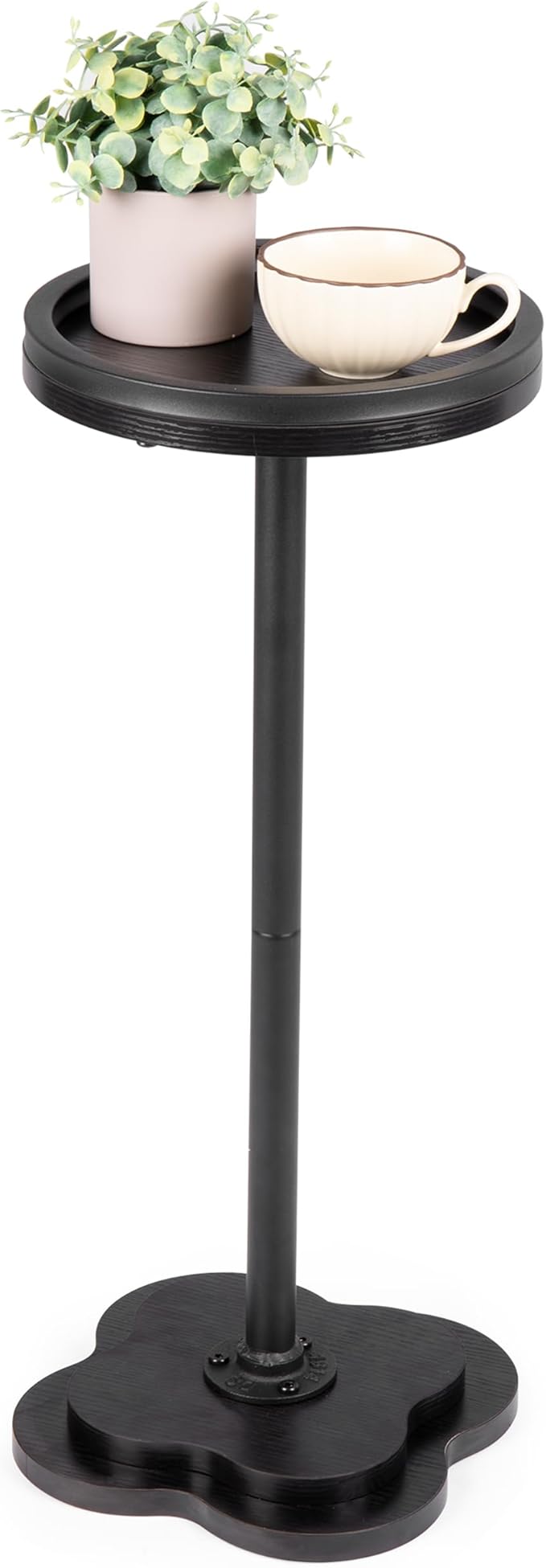 Modern Accent Pedestal Side End Table for Small Spaces – Pedestal End Table with Solid Metal Leg and Weighted Clover Base for Living Room, Sofa Couch, Bedroom and Office (Black)
