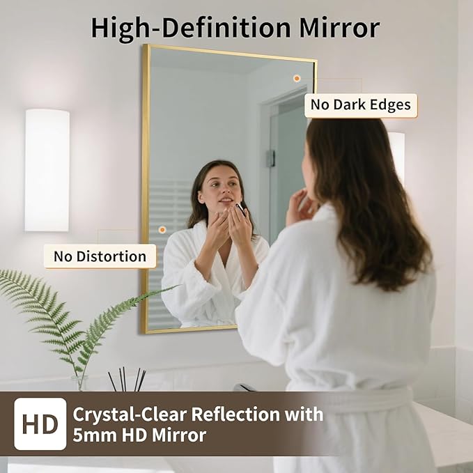 Brushed Gold Mirror, 16x20 Inch Aluminum Framed Rectangle Mirror, Anti-Rust, Tempered Glass, Square Corner Wall Mirror for Over Sink, Vanity, Bedroom, Entryway, Horizontal/Vertical