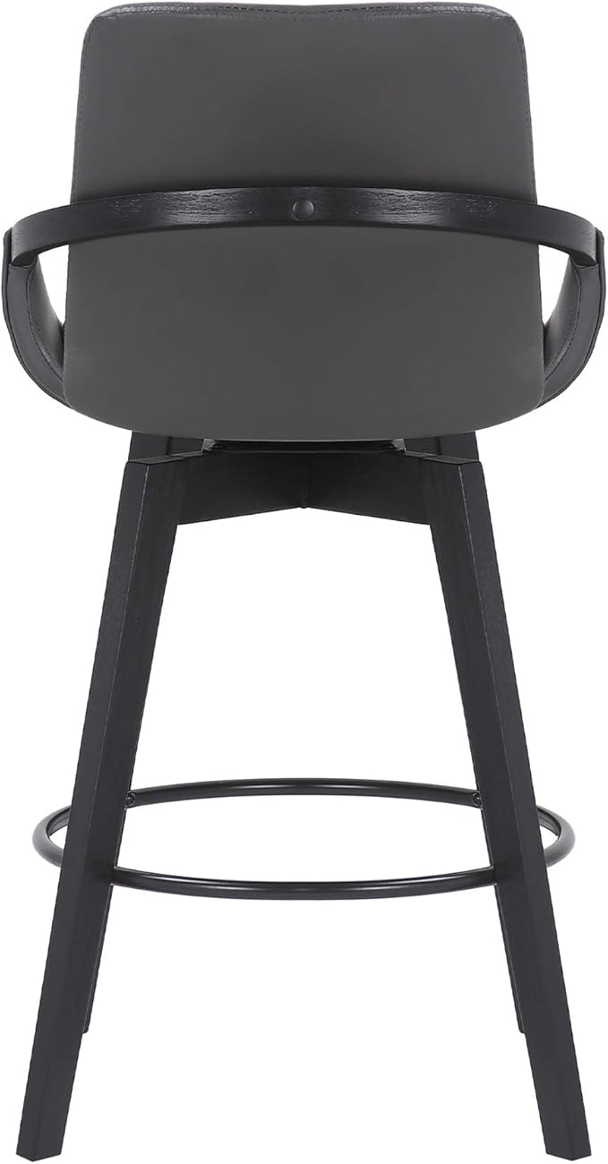 Armen Living Baylor Mid Century Modern Swivel Bar Stool for Kitchen Island Counter in Gray Faux Leather and Black Wood, 26" Seat Height