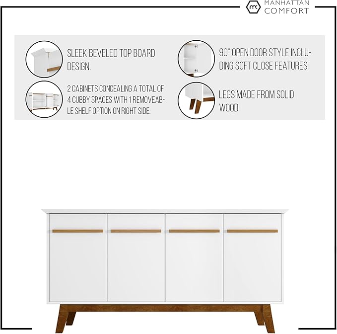 Manhattan Comfort Yonkers Mid Century Modern Sideboard Cabinet with Soft Close Doors, 4 Cubby Storage Spaces, Solid Wood Splayed Legs, Versatile Accent Buffet Stand, Off White/Cinnamon