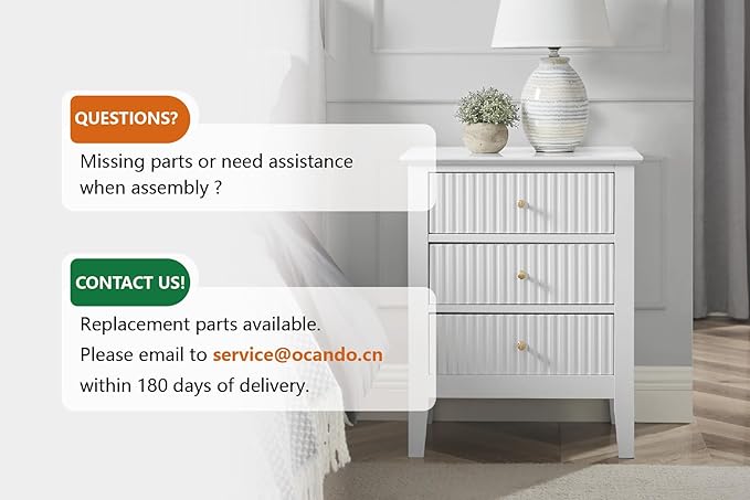 OCANDO White Bed Side Table with 3 Drawers 19" W, Bedroom Nightstand 24" H,Vintage Modern Night Stand,Living Room Fluted End Bedside Tables
