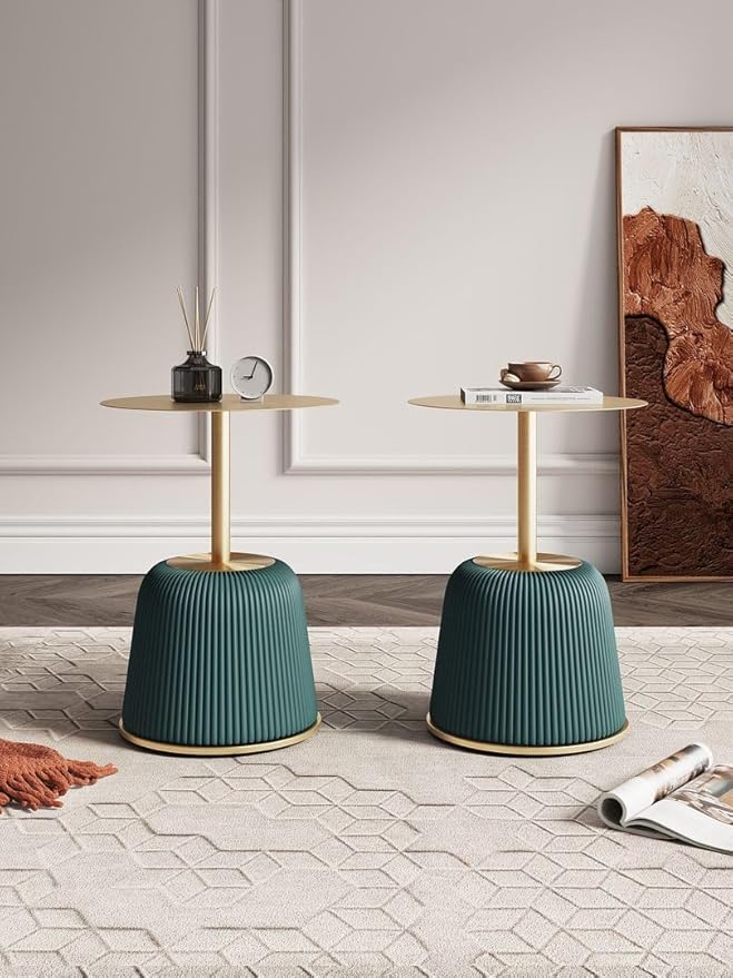 Manhattan Comfort Anderson Modern 15.75" Round End Tables 1.0 - Elegant Leatherette Upholstered Base with Pleated Design & Gold Steel Tabletop, Fully Assembled Accent Furniture, Set of 2, Green