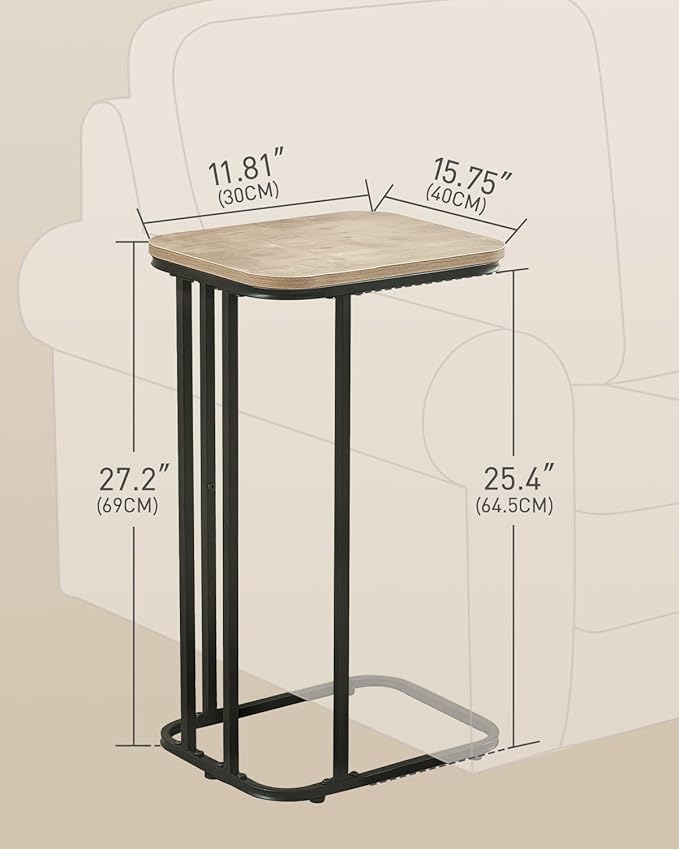 C Shaped End Table, 27 Inches High Small Side Table for Sofa and Bed, Couch Table That Slides Under, Tall Tv Tray Table for Living Room, Bedroom, Metal Frame, Greige & Black