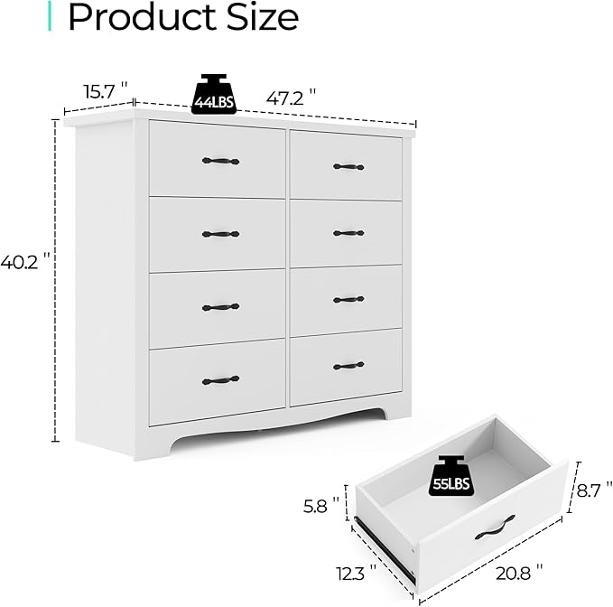 LINSY HOME White 8-Drawer Dresser - Modern Bedroom Chest with Wide Drawers, Wood Storage Organizer for Bedroom or Living Room