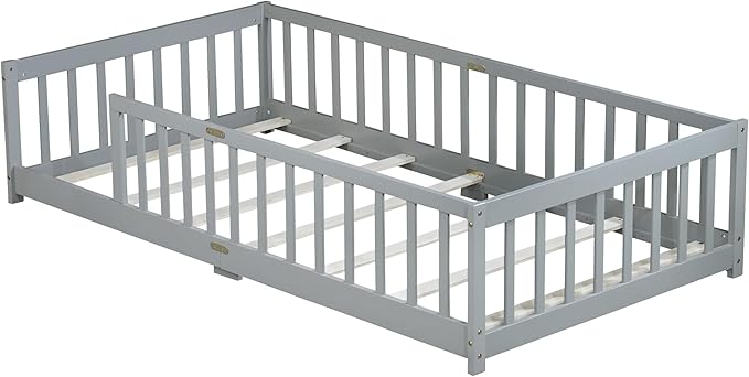 Bellemave Twin Floor Bed with Slats and Safety Guardrails, Kids Montessori Floor Beds with Fence and Without Door, Easy Assemble Floor Bed for Kids, Girls, Boys, Gary
