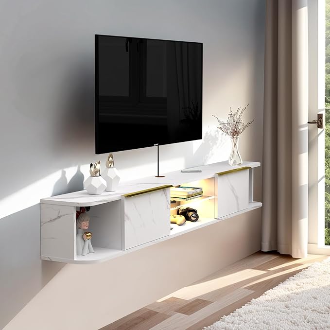 Pmnianhua LED Floating TV Stand with 2 Drawers,78'' Floating TV Shelf with LED Lights,Wall Mounted Media Console,Floating Entertainment Center with Storage for Bedroom Playroom Living Room(White)