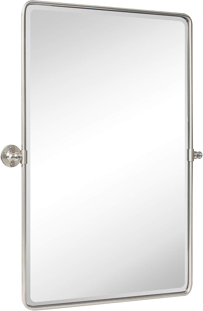 TEHOME 27 x 35'' Farmhouse Brush Nickel Metal Framed Pivot Rectangle Bathroom Mirror Tilting Beveled Vanity Mirrors for Wall