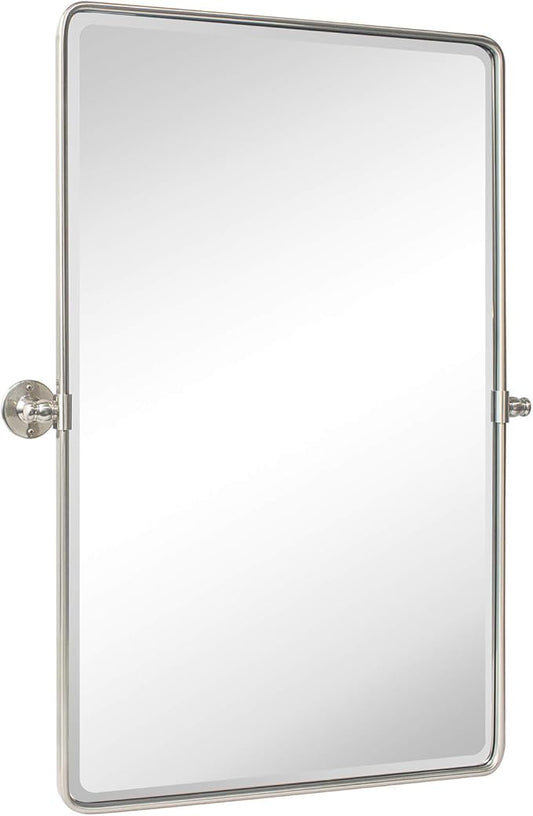 TEHOME 27 x 35'' Farmhouse Brush Nickel Metal Framed Pivot Rectangle Bathroom Mirror Tilting Beveled Vanity Mirrors for Wall
