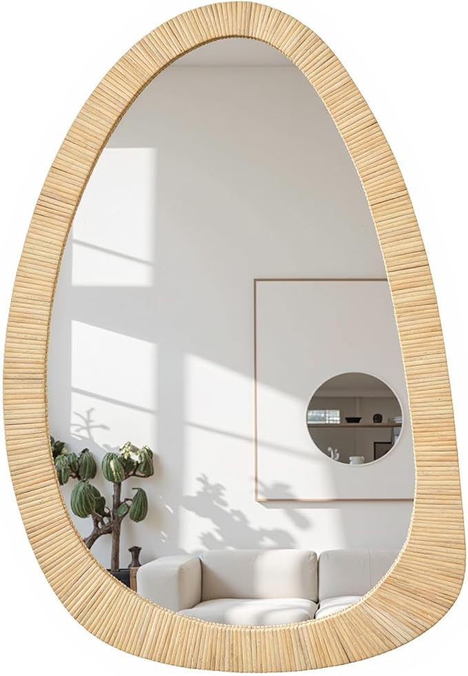 H HOMEWINS Rattan Mirror for Wall,30'' x 20" Wooden Framed Farmhouse Boho Wicker Coastal Irregular Vanity Mirror for Bathroom Living Room Entryway