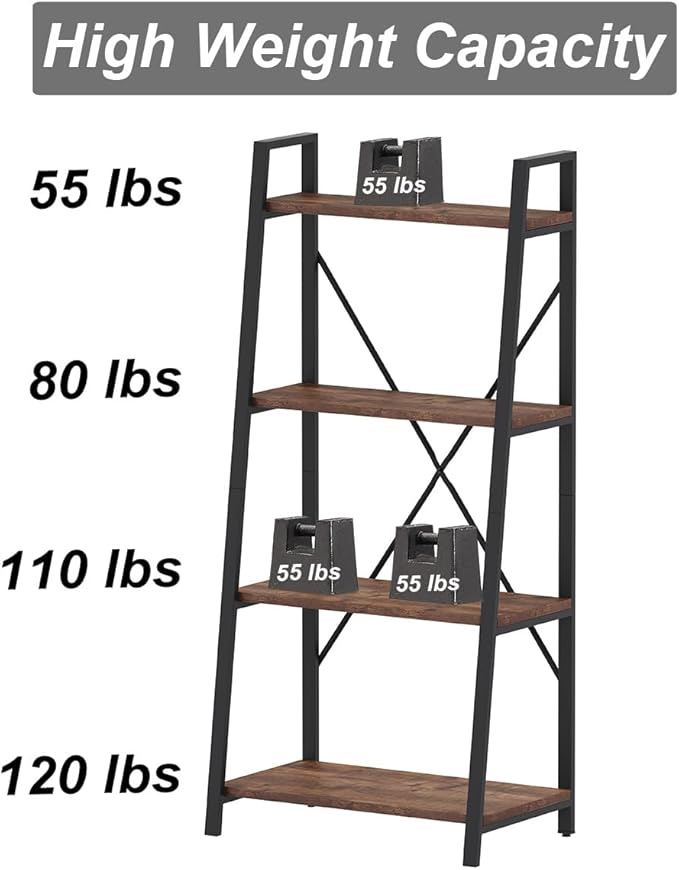 BON AUGURE Industrial Ladder Shelf Bookcase, 4 Tier Rustic Ladder Bookshelf, Standing Leaning Book Shelves for Living Room (Rustic Oak)