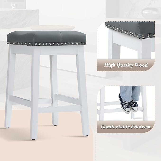 Athena Collection Bar Stools Set of 2, 25 Inches Counter Height Bar Stools Backless with Footrest, Leather Upholstered Saddle Barstools with Nailhead Trim for Kitchen Island, Counter, Grey White