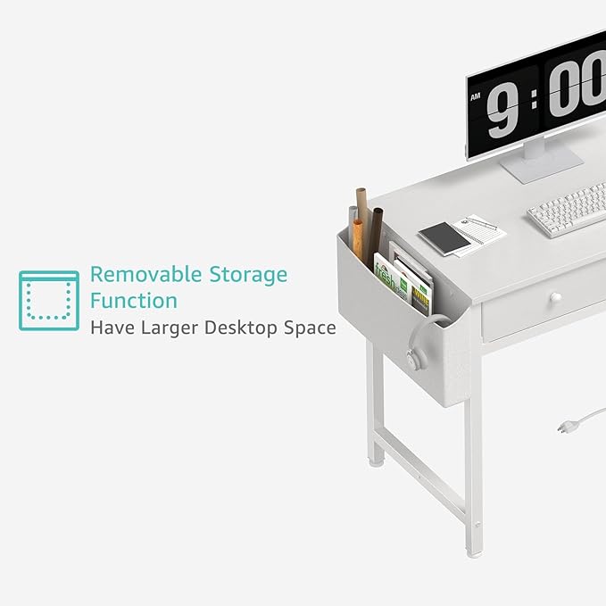 DLisiting Small White L Shaped Desk with Drawers & Storage Shelves, 40 Inch Corner Desk with Power Outlet for Small Space Home Office, Study Work PC Desks for Bedroom