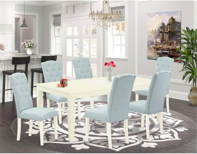 East West Furniture LGCE7-LWH-15 7 Piece Modern Dining Table Set Consist of a Rectangle Wooden Table with Butterfly Leaf and 6 Baby Blue Linen Fabric Parson Chairs, 42x84 Inch, Linen White
