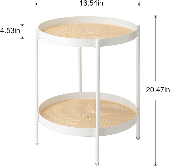TeoKJ All Metal Side Table, 2 Tier Anti Rust End Table with Imitation Rattan Pattern on Removable Trays, Round Table for Living Room, Small Nightstand for Bedroom 20.47 Inch x 16.54 Inch Pearl White