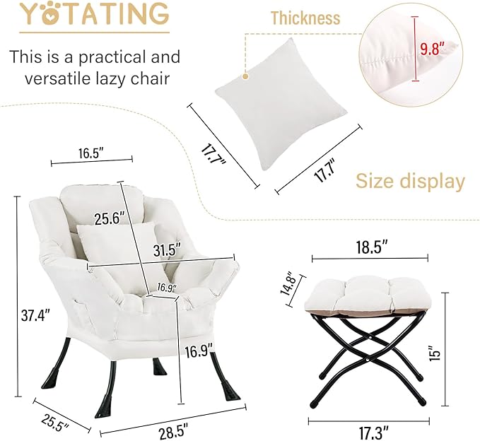 Lazy Chair with Ottoman, Comfy Reading Lounge Chair with Footstool & Throw Pillow Modern with Armrests & Side Pocket for Living Room, Bedroom, Dorm Room, Beige