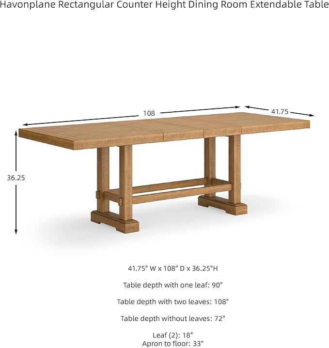 Signature Design by Ashley Havonplane Rustic Distressed Counter Height Dining Extension Table with Removable Center Leaf and Double Trestle Base, Light Brown