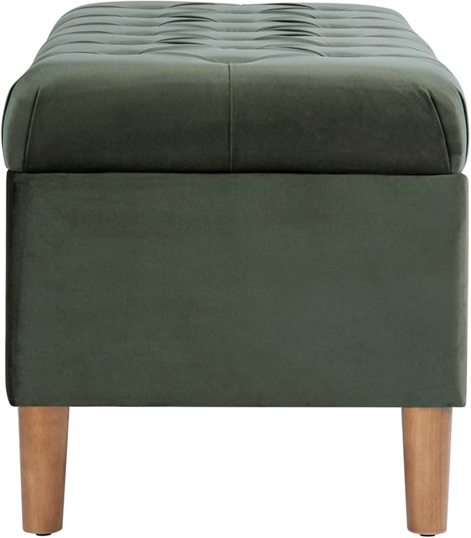 HomePop Home Decor | Tufted Ainsley Button Storage Ottoman Bench with Hinged Lid | Ottoman Bench with Storage for Living Room & Bedroom,Loden Green Velvet