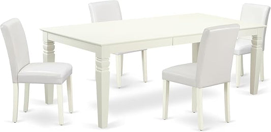 East West Furniture LGAB5-LWH-64 5 Piece Dining Table Set Includes a Rectangle Dining Room Table with Butterfly Leaf and 4 White Faux Leather Parsons Chairs, 42x84 Inch, Linen White