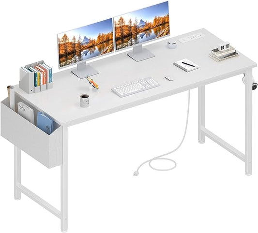 Lufeiya White Computer Desk with Power Outlet, 55 inch Teen Study Table Home Office Work Writing Gaming Desks with Charging Station Outlets Built in, White