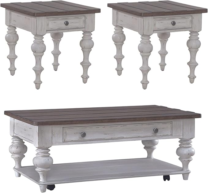 Liberty Furniture River Place Living Room 3 Piece Set - Cocktail Table, 2 End Tables - Riverstone White & Tobacco