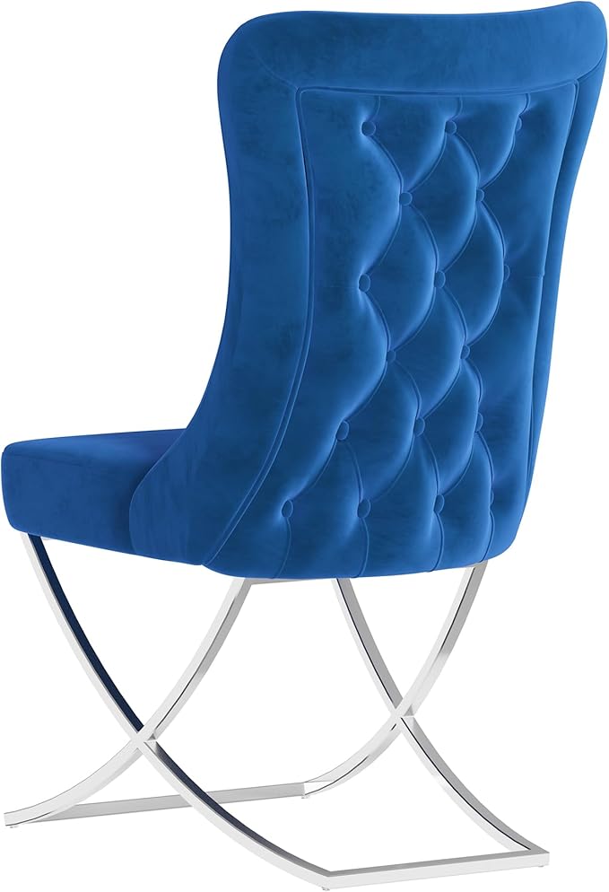 Ottomanson Royal Dining Chairs Set of 6 – Upholstered Tufted Microfiber, Assembled, Silver Metal Legs, Beech Wood Frame, 350 lb Capacity, Blue